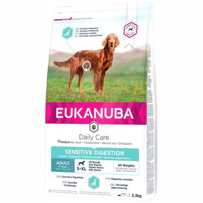 Eukanuba Daily Care Sensitive Digestion, premium dry food for dogs, suitable for all breeds and weights, adults from 1 year, pack size 12kg.